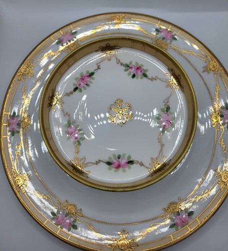 VTG Nippon Tiered Cheese Crackers Dish Handpainted Pink Roses Gold Trim Flowers - Picture 4 of 10