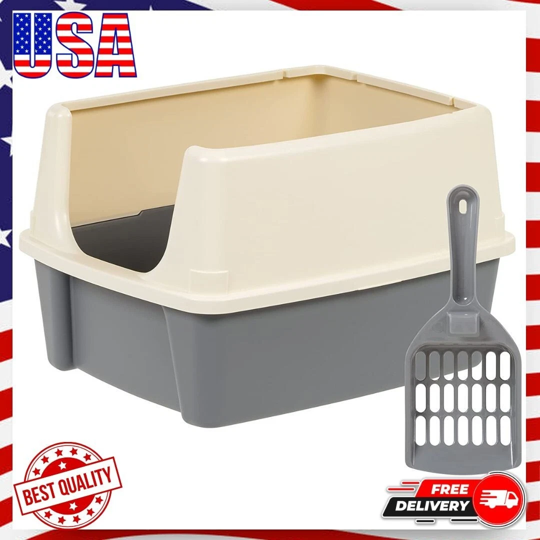Open Top Cat Litter Tray High Sided Rim Pan Deep Grey Toilet Box
