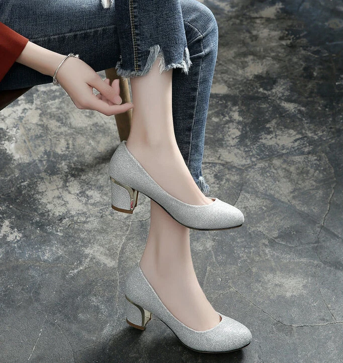Womens Round Toe Court Shoes Slip On Classic Chunky Block Mid Heels Pumps