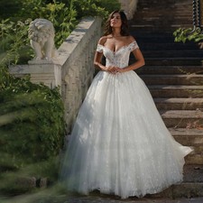 Elegant Sparkly Wedding Dresses Off Shoulder Ball BridalGown Lace Applique Train