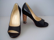 Chanel Classic CC Logo Leather Open Toe Cork Heel Pumps Chain Detail Black 9
