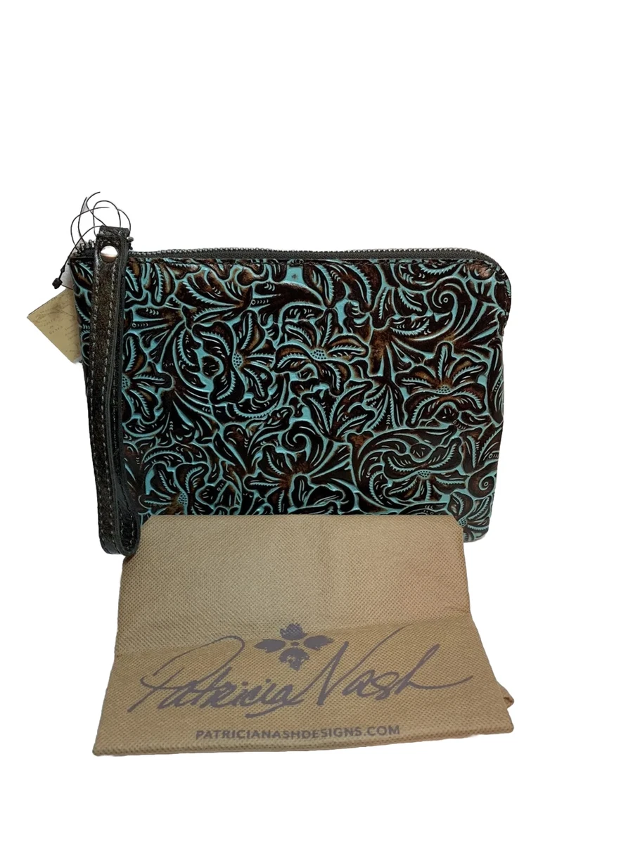 PATRICIA NASH Cassini Tooled Turquoise Leather Wristlet Purse