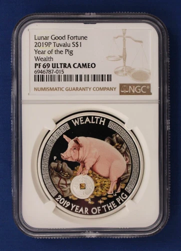 2019 Tuvalu 1oz Silver Proof $1 coin "Year of the Pig - Wealth" NGC Graded PF69
