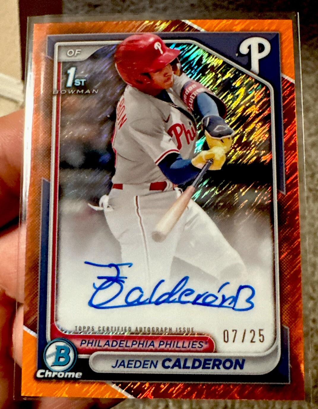 2024 Bowman Chrome 1st Jaeden Calderon Orange Shimmer Refractor Auto /25