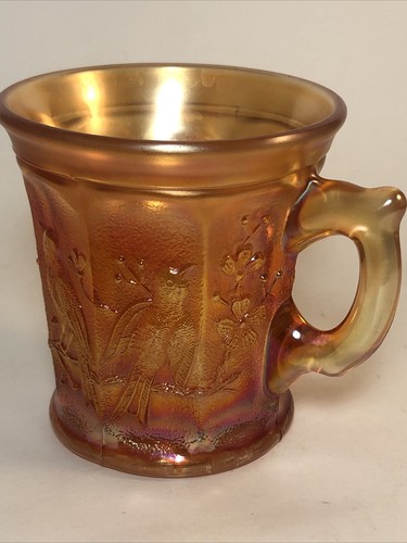 Northwood Singing Birds Marigold Carnival Glass Mug Handled Cup Antique - Picture 6 of 8