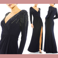 NWT $398 Mac Duggal [ 18 ] Embellished Accents Faux Wrap Jersey Gown Blue G1591