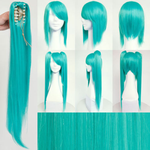 40" Vocaloid Hatsune Miku Anime Kostüm Cosplay Perücken mit 2 Pferdeschwänzen glattes Haar - Bild 3 von 3