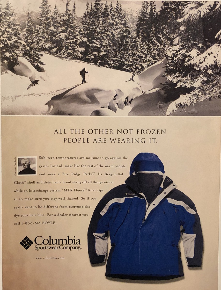 2001 Columbia Sportswear Co Fire Ridge Parka Gert Boyle VTG 2000s PRINT AD