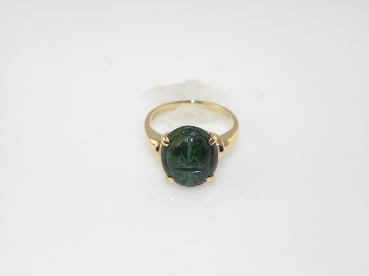 LADIES RETRO ESTATE GREEN MALACHITE SCARAB RING IN YELLOW