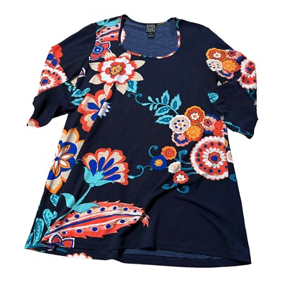 Clara Sun Woo Half Sleeve Tunic Women's S Blue Floral Stretch Scoop Neck Long