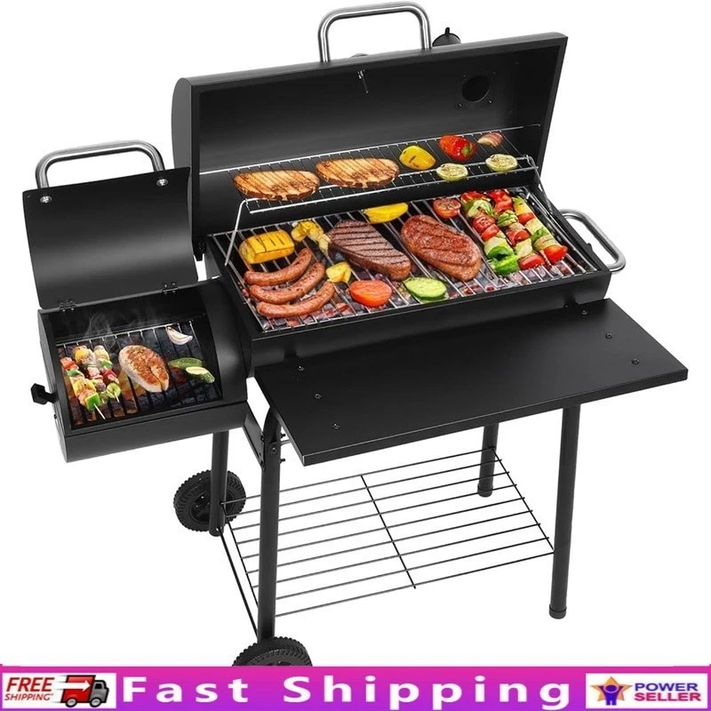 Dual Chamber Charcoal Grill Smoker Portable BBQ W/ Temperature Control & Storage