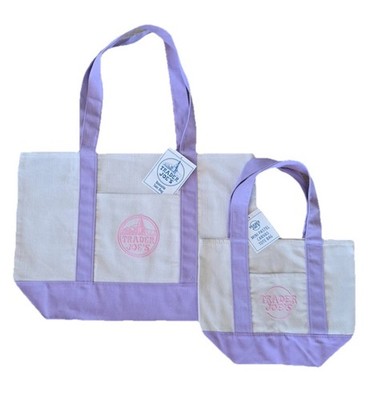 Trader Joe's Lavender Purple Large + Mini Canvas Tote Bag 2 Set