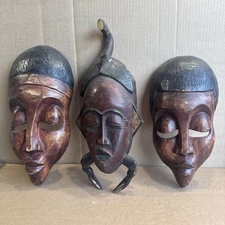 3 Vintage Haitian Folk Art Carved Wood MASKS Indigenous Tribal Art