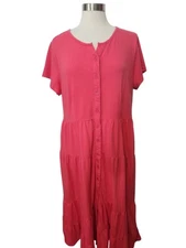 Collections Etc Womens Midi Button Dress XL Dark Pink Knit Tiered Ruffle SS 