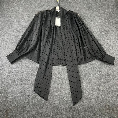 HUSH Tie Neck Flocked Spot Blouse Women's Size M Black