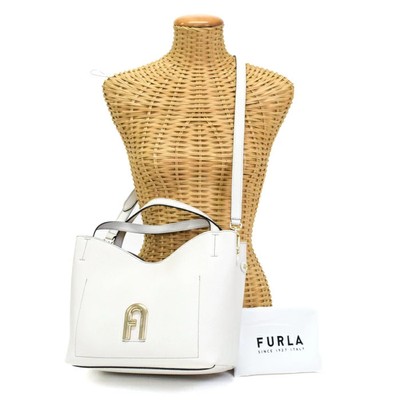 Furla Primula S Leather 2-Way Bag Gray WB00507 Used with Strap From Japan