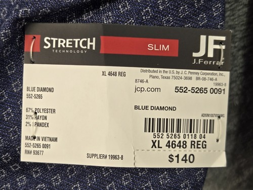 J. Ferrar Slim Fit Mens XL 46/48 R Sport Coat Jacket Blazer Stretch Blue Diamond - Picture 19 of 20