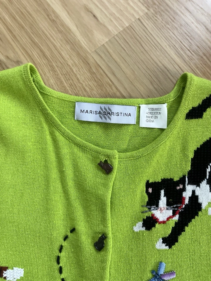 Vintage Y2K Marisa Christina Lime Green Cat Sweater Vest Button Beaded Embroided - Image 4 of 4