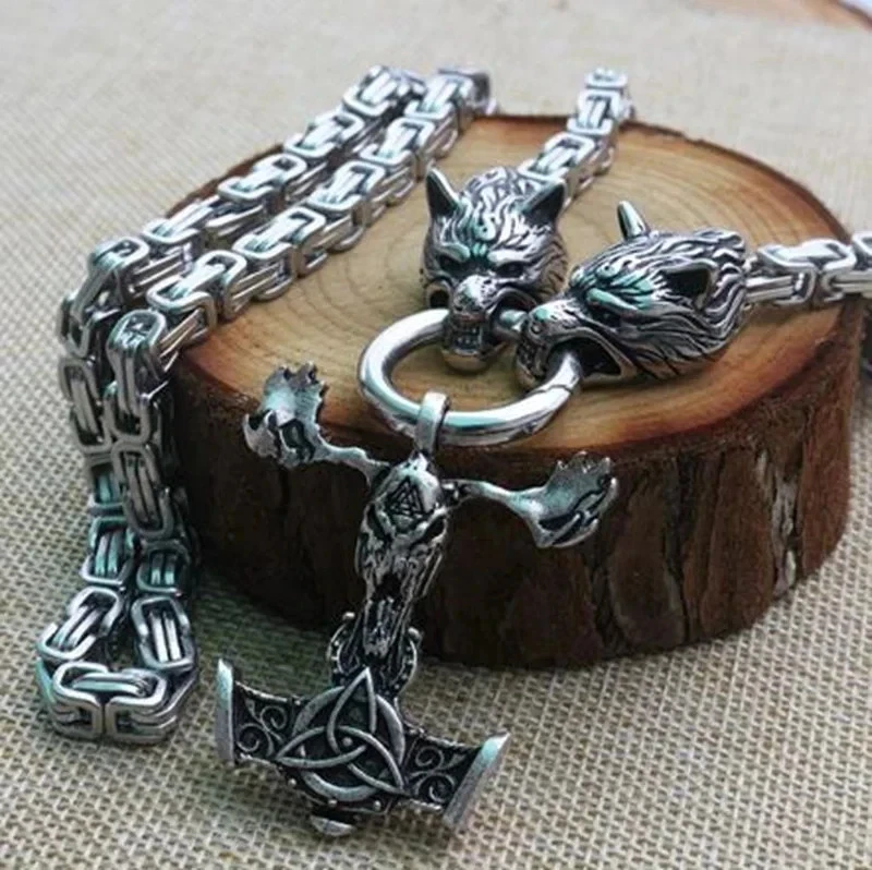 🔥 Herren Edelstahl Wikinger Kette 🐺 Wolfskopf Mjölnir Thors Hammer Amulett ⛓️ - Bild 2 von 4