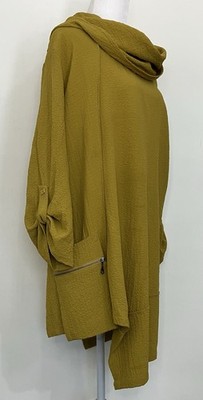 Ali Miles Tunic Top XL Mustard Yellow Lagenlook Textured Artsy Pocket Boho