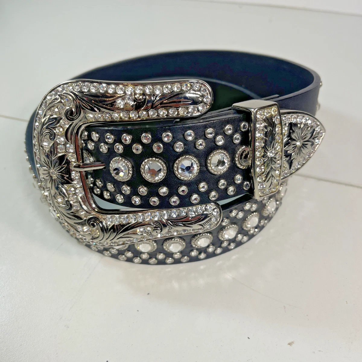Christine Alexander Black Leather Belt S Rhinestone Western Buckle Genuine Bling Women Christine Alexander Sz Large Belt | Mercari main image 2