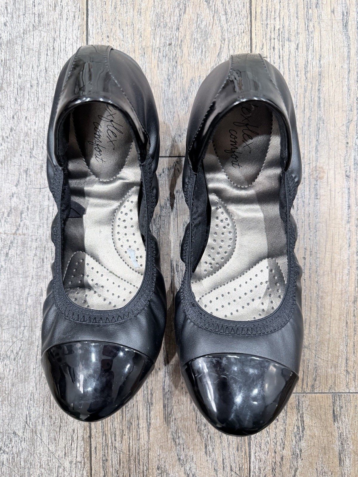 Dexflex Comfort Claire scrunch ballet flats black patent toe cap Size 9