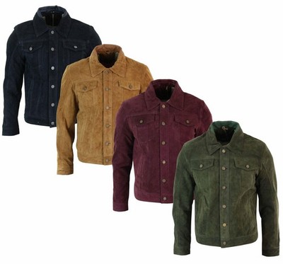 Herren Vintage Kurz Denim Stil Retro Echt Wildleder Leder Jeansjacke Freizeit