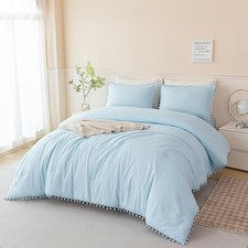 5 Piece Twin Bedding Set Light Blue Pom Pom Comforter Set