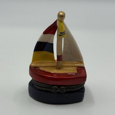 Sailboat Shaped Ceramic Trinket Box with Anchor, Multicolor Collectible Box
