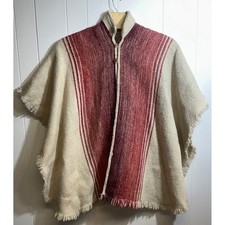 Vintage Handmade Wool Blend Fringe Poncho Cream Red Striped Cape One Size