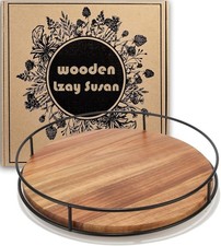12" Acacia Wood Lazy Susan Turntable, Kitchen Organizer Turntable with Steel ...
