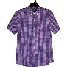 IZOD Mens Short Sleeve Gingham Button Down Shirt Pink Blue Plaid Size M