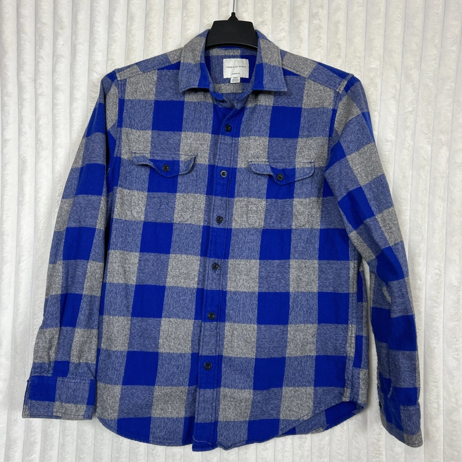 American Eagle classic fit blue grey buffalo check button Up flannel shirt men M
