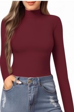 Burgundy Long Sleeve Mock Neck Women's One Piece Bodysuit, Solid, Opaque