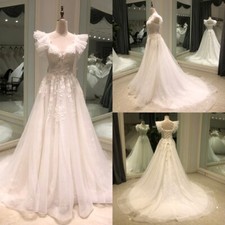 Boho White Wedding Dresses V-Neck Sleeveless Lace 3D Floral Beaded Bridal Gowns