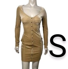 Velvet Corduroy Golden Tan Ribbed Button Decor Design Mini Dress Size S