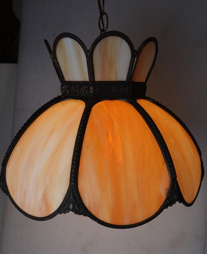 VINTAGE BENT SLAG STAINED GLASS HANGING CHANDELIER 17" DIAMETER EARTH TONE - Picture 2 of 21