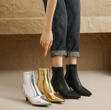 Women's Faux Leather Ankle Boots Kitten Heel Shoes Pointy Toe Zip Oversize Retro