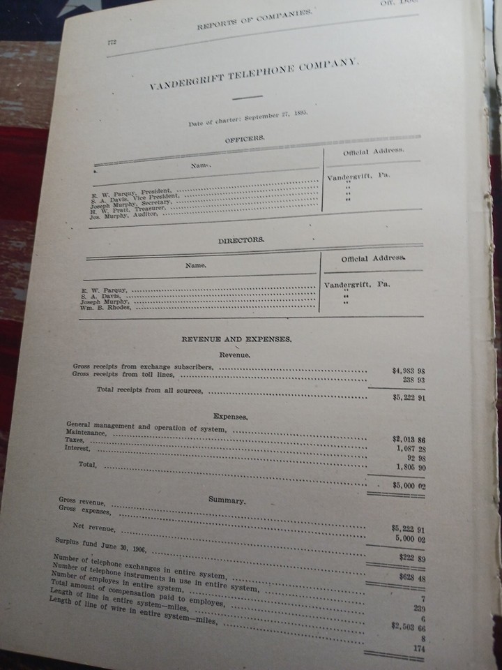 1906 Report of VANDERGRIFT TELEPHONE COMPANY Westmoreland County