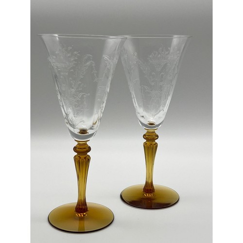 Antique Pair of Julia Amber W/ Amber Stem and Etched Design by TIFFIN FRANCISCAN - Picture 1 of 10