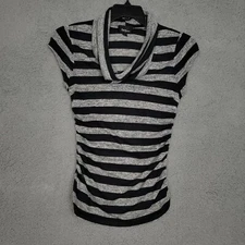 Amy Wear Tops Womens Size Large Striped Cowl Neck Gray Rouched Short Sleeve 