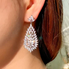 Glittering Silver Plated Zircon Long Leaf Cluster Chandelier Drop Earrings Women