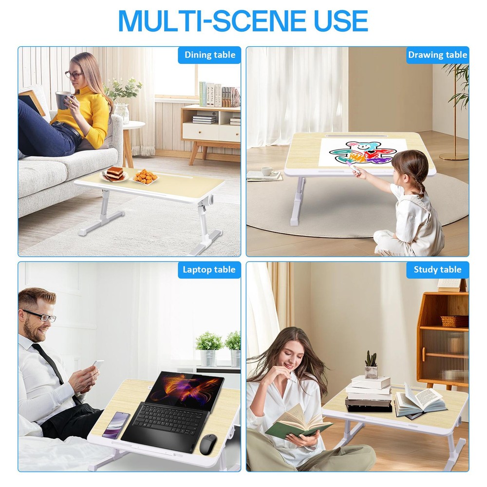 Adjustable Folding Laptop Stand For Bed With Non-Slip Tray And Storage Drawer  