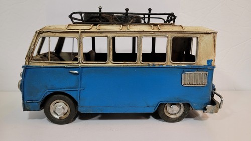 Vintage VW Combi Camper Van Model Retro Tin Art Metal Toy Blue - Picture 4 of 8