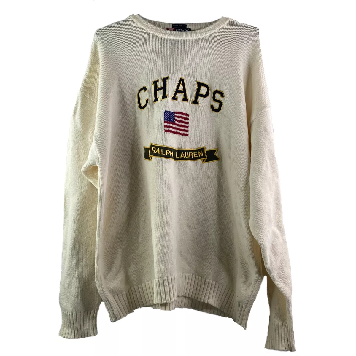 Chaps Ralph Lauren Vintage Sweater Big Logo White Embroidered American Flag