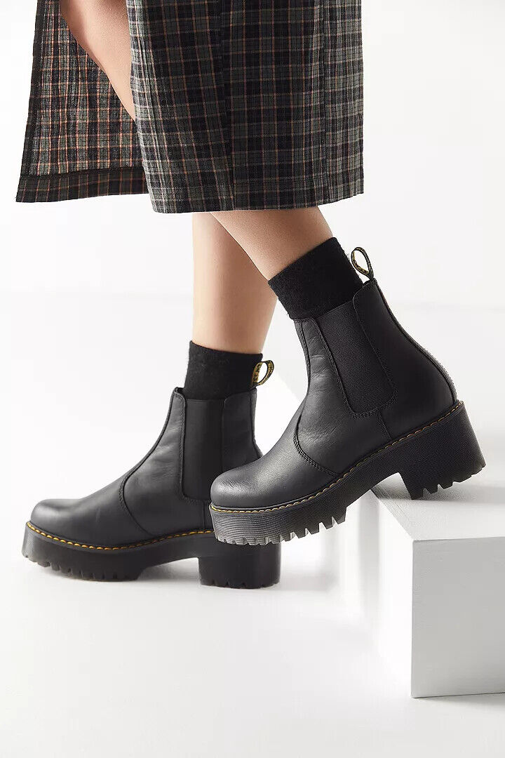Dr. Martens Rometty boot in black with classic yellow stitching. Womenâs size 8 - dral