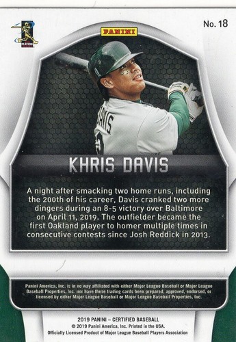 2019 Panini Chronicles Certified Green Parallel #18 Khris Davis - Picture 2 of 2