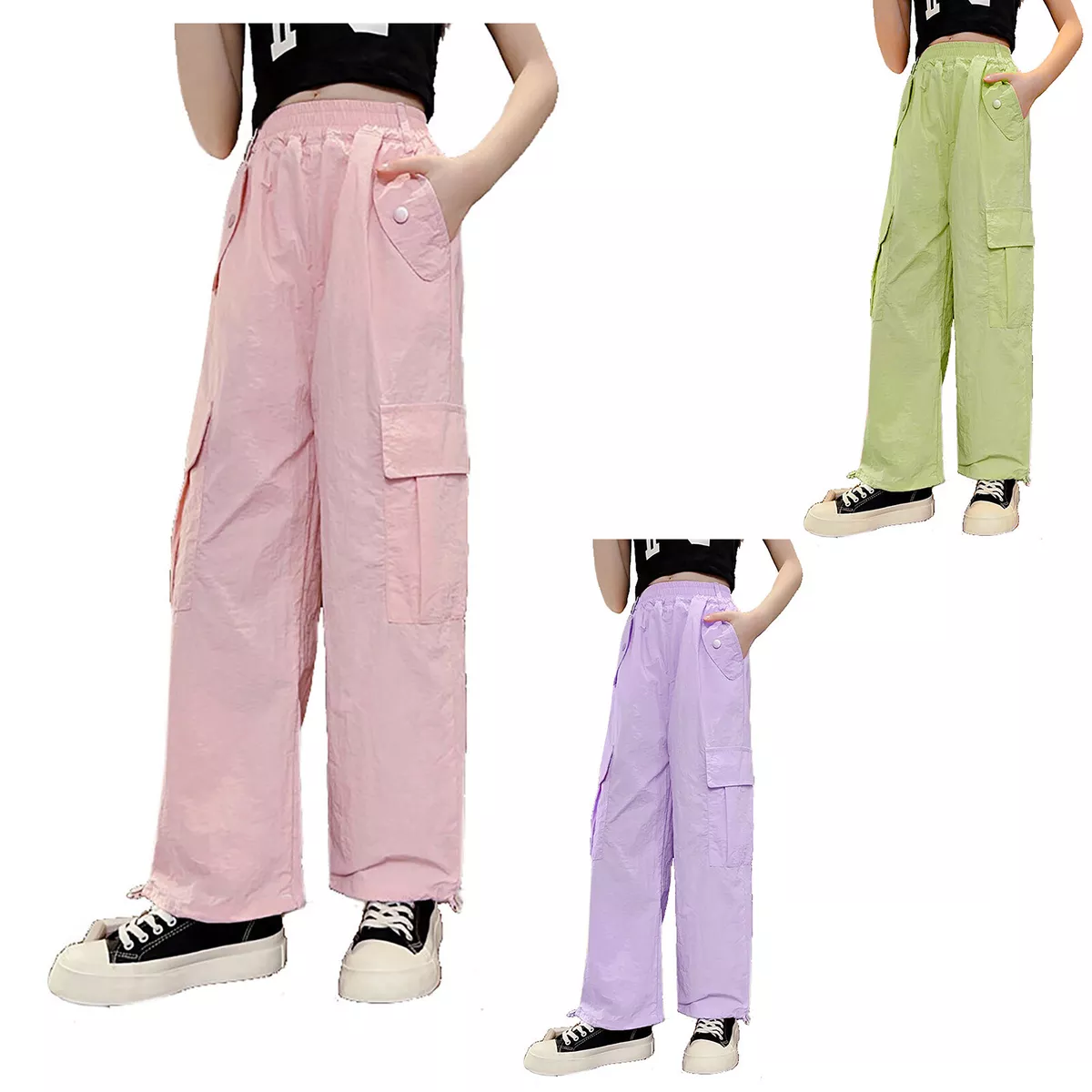 Girls Sweatpants Pockets Trousers Jogging Pants High Waist Cargo