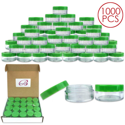 Beauticom  (1000 Pieces) 10G/10ML Round Cosmetic Clear Sample Jars Green Lids