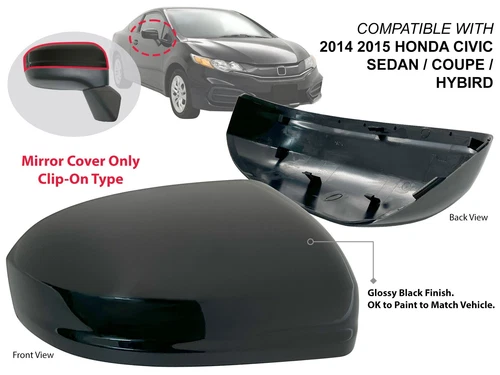For 2014 2015 HONDA CIVIC Sedan Coupe Mirror Cap Glossy PTM Black Passenger Side
